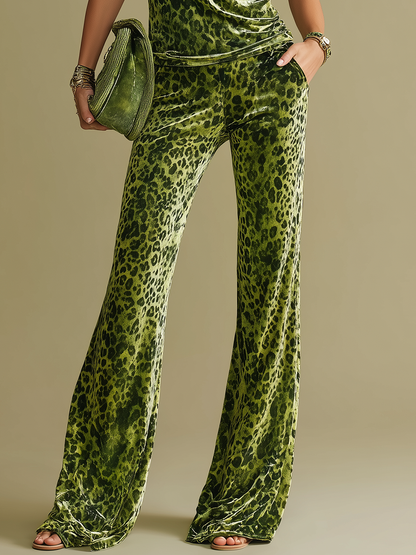 Retro Leopard Print Short Sleeve Hooded T-shirt And Flared Pants Set