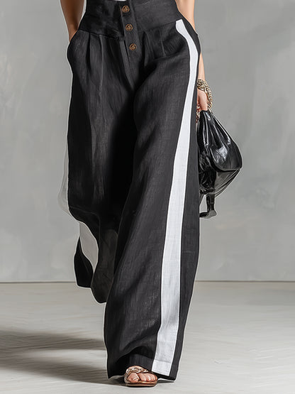 Stylish Urban Detachable Strap Black Cotton And Linen Wide-leg Jumpsuit