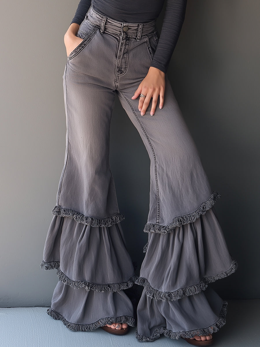 Retro Romantic Gray Frayed Ruffle Flared Jeans