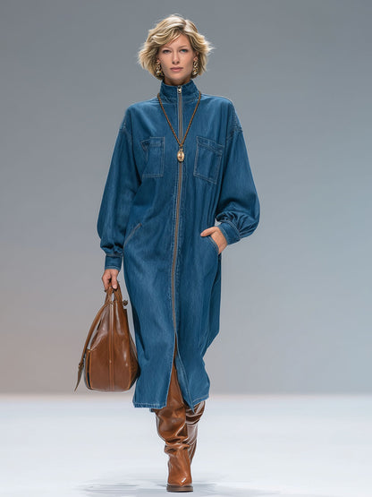 Stand-collar Multi-pocket Zip-up Denim Long-sleeved Midi Dress