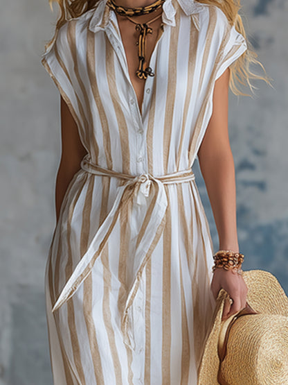 Classic Vacation-style Striped Lapel Wide-shoulder Sleeveless Maxi Dress