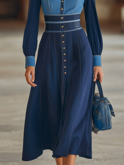 Retro Casual Blue And Dark Blue Denim Patchwork V-neck Midi Dress