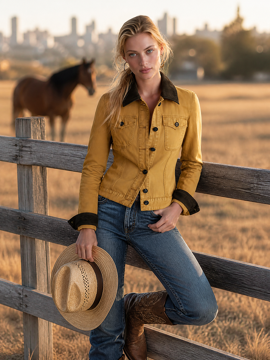 Mustard Yellow Fitted Denim Jacket Women Contrast Collar Western Cropped