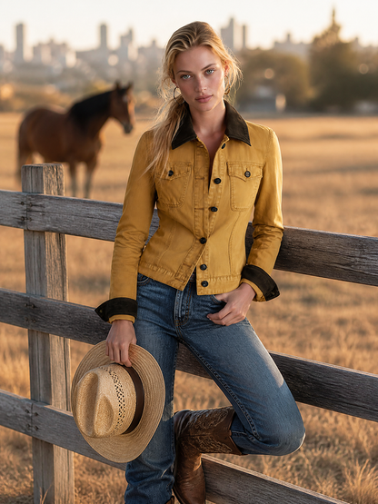 Mustard Yellow Fitted Denim Jacket Women Contrast Collar Western Cropped