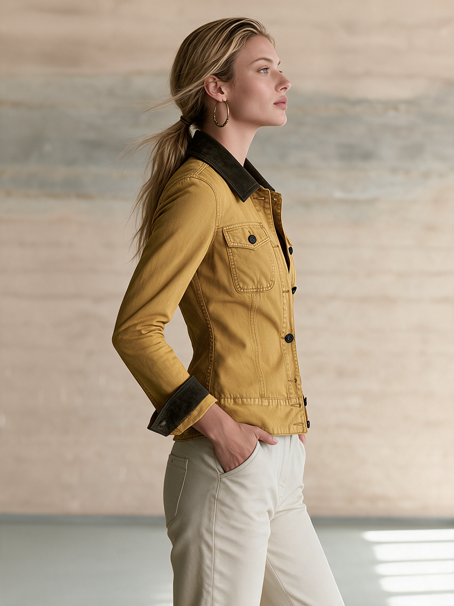 Mustard Yellow Fitted Denim Jacket Women Contrast Collar Western Cropped
