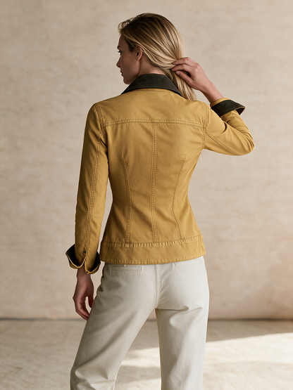 Mustard Yellow Fitted Denim Jacket Women Contrast Collar Western Cropped