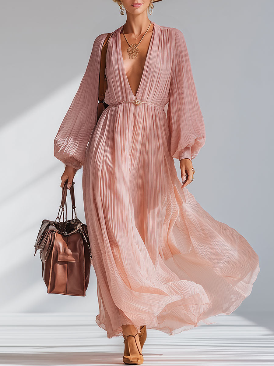 Elegant And Loose-fitting Pink V-neck Chiffon Maxi Dress
