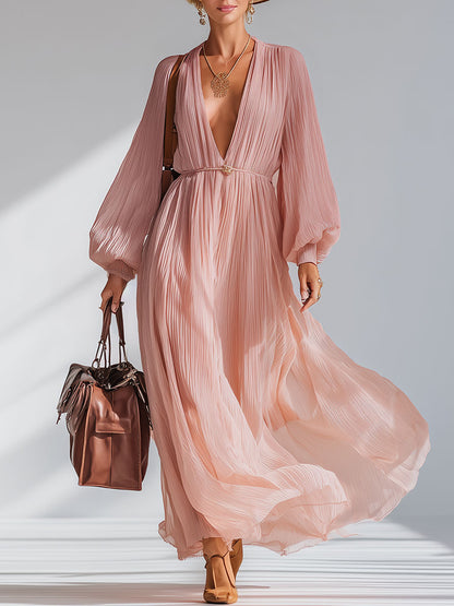 Elegant And Loose-fitting Pink V-neck Chiffon Maxi Dress