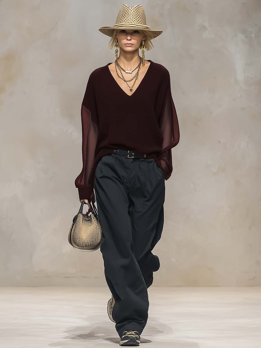 Breathable And Casual Comfortable V-neck Transparent Long-sleeved Black Knitted Blouse Top