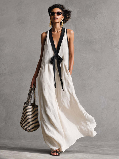 Bohemian Style White And Black Color Blocked Sleeveless V-neck Maxi Dress
