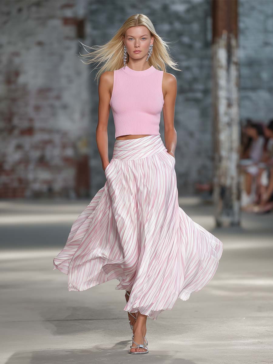 Elegant Retro Flowy Pink Striped Chiffon Skirt