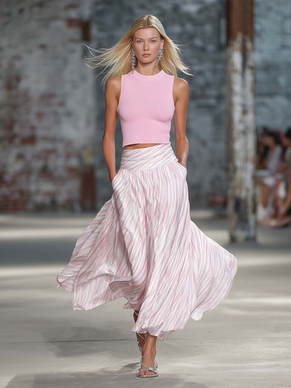 Elegant Retro Flowy Pink Striped Chiffon Skirt