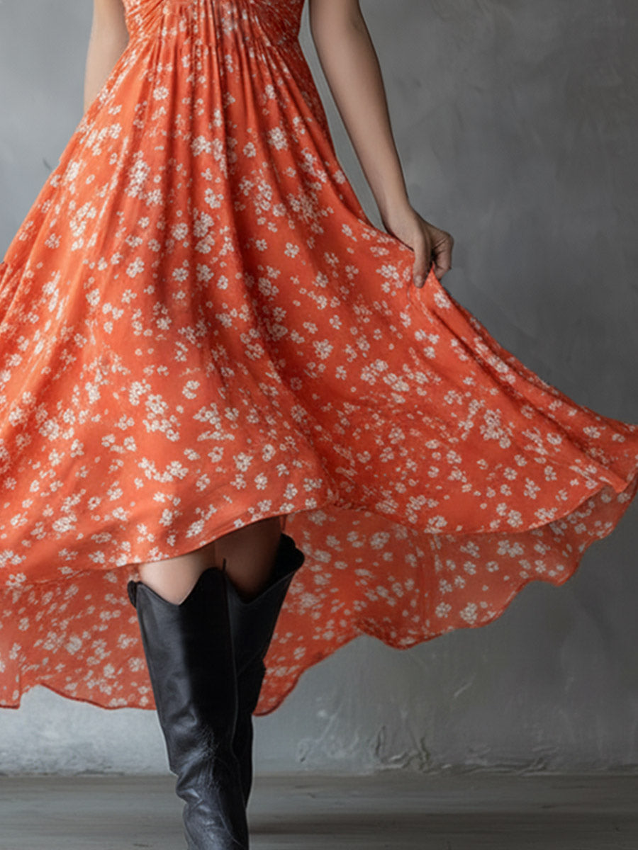 Retro Classic Floral Print Navy Blue Chiffon Sleeveless Maxi Dress