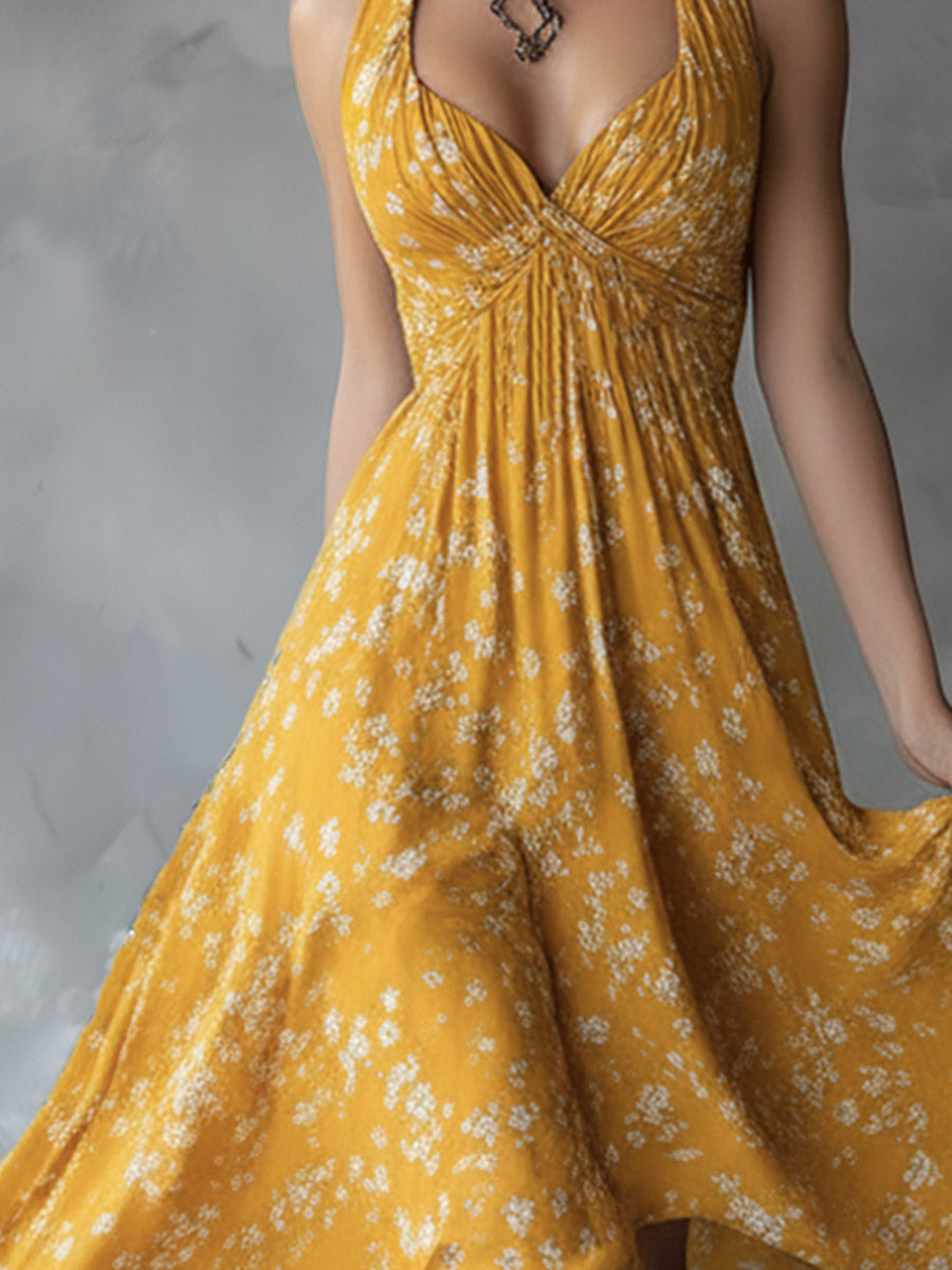 Retro Classic Floral Print Navy Blue Chiffon Sleeveless Maxi Dress