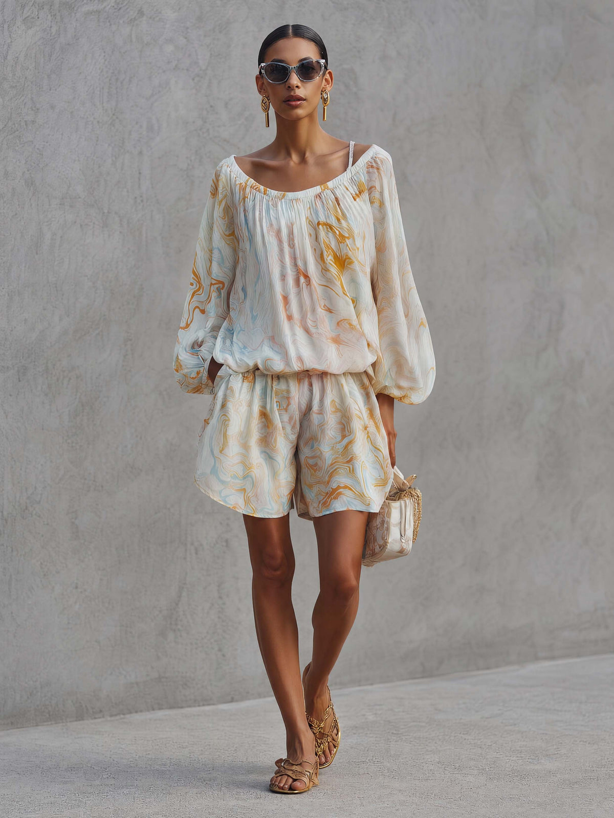 Elegant Urban Print White Chiffon Set