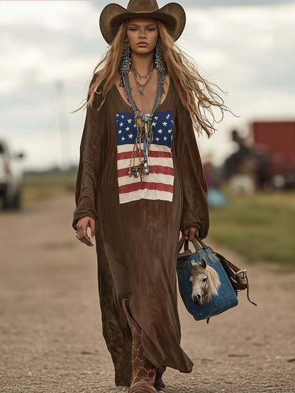 Vintage Casual Western Long Sleeve Flag Print Pink Cotton Loose Maxi Dress