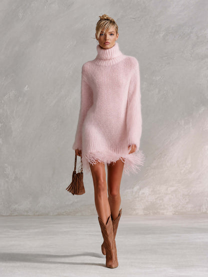 Boho Light Pink Fuzzy Mohair-Style Fringe Hem Turtleneck Mini Sweater Dress