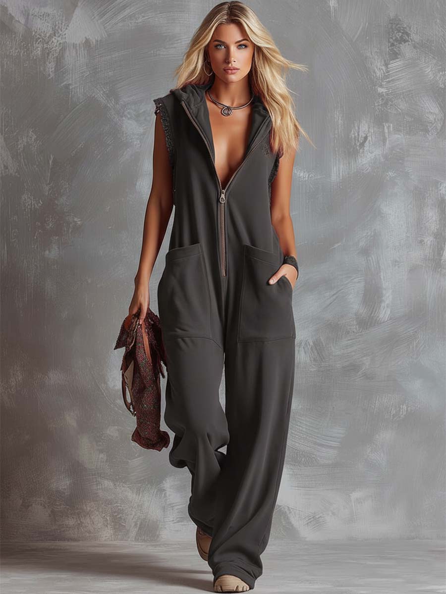 Retro Fashiona Sporty Hooded V-neck Front Zipper Raspberry Red Cotton Jumpsuit