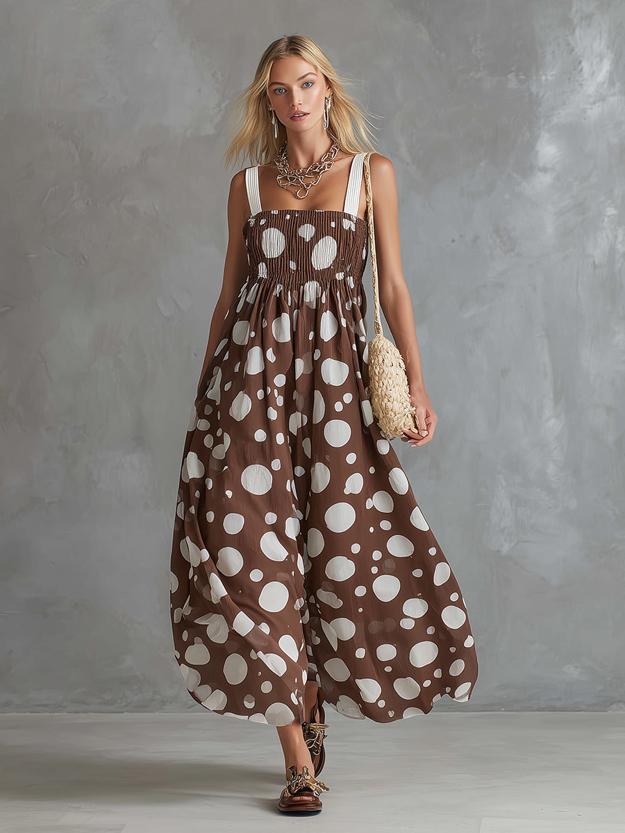Elegant And Stylish Brown Polka Dot Printed Square Neck Chiffon Sleeveless Maxi Dress