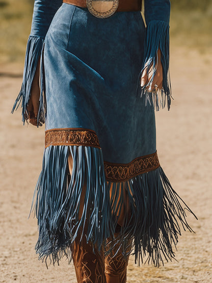 Western Retro Long-Sleeved Blue Faux Suede Embroidered Tassel Midi Dress