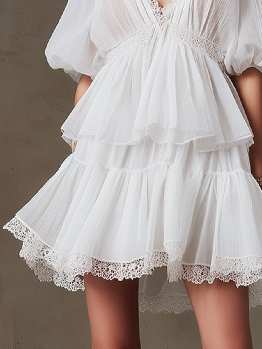 Fashionable Retro Lace White Pleated Chiffon Mini Dress