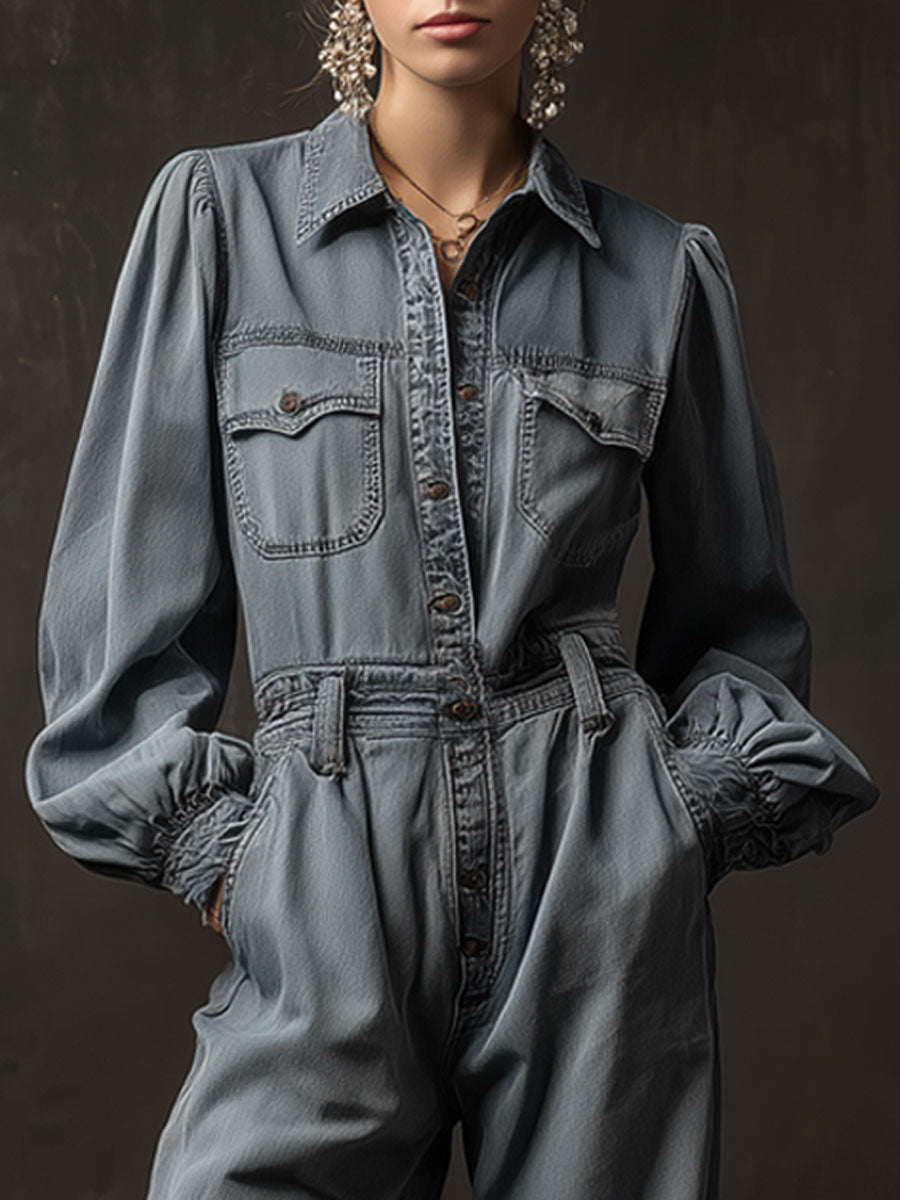 Casual Retro Gray-blue Denim Long-sleeved Ruffled Wide-leg Jumpsuit