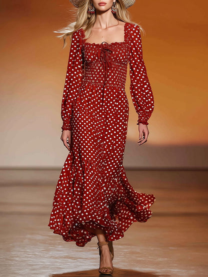 Stylish And Retro White Polka Dot Red Cotton Maxi Dress