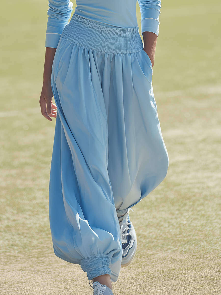 Stylish Sporty White Collared Top And Drawstring Cotton Trousers Set