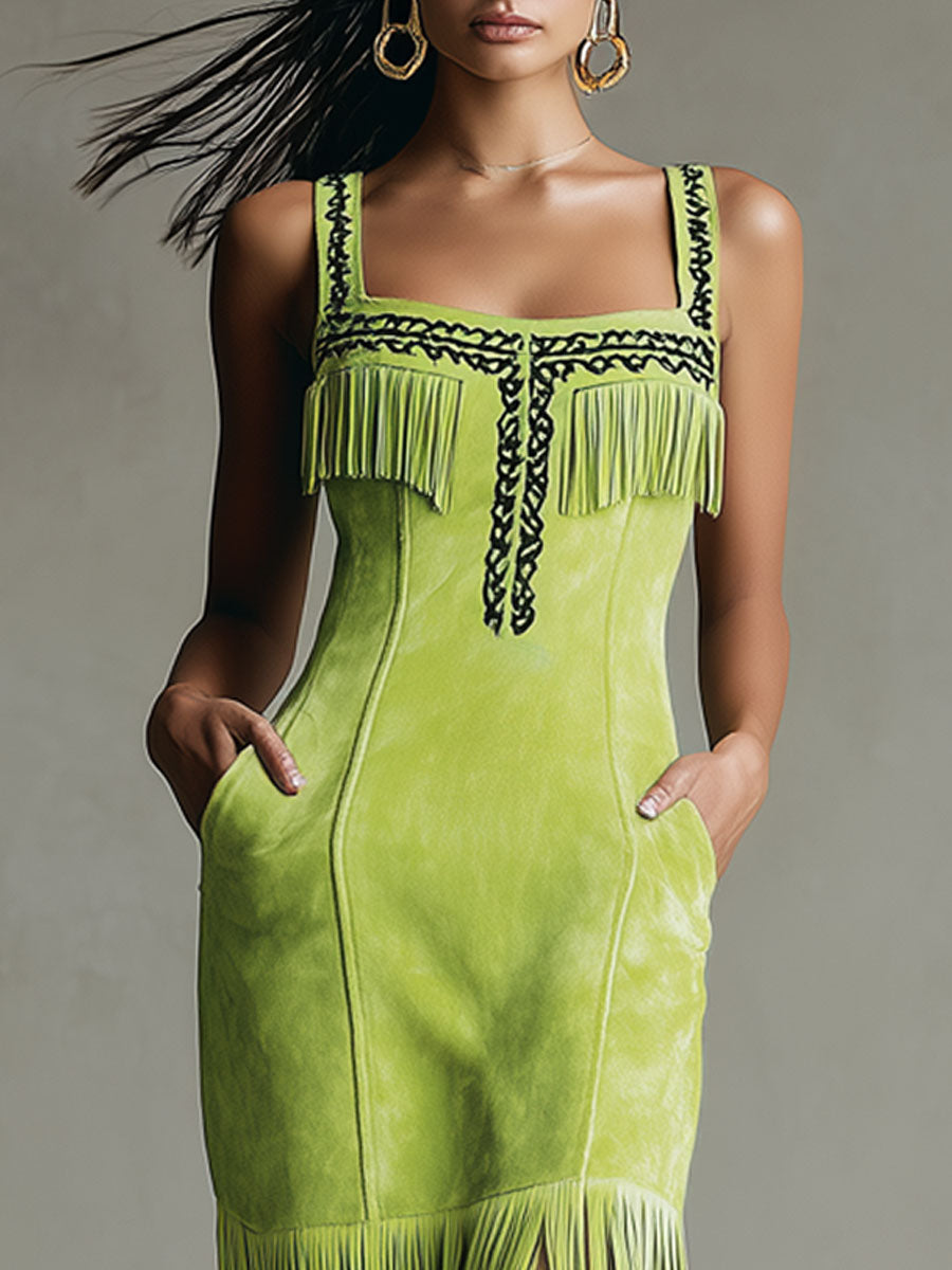 Western Retro Fluorescent Green Faux Suede Embroidered Tassel Midi Dress