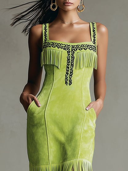 Western Retro Fluorescent Green Faux Suede Embroidered Tassel Midi Dress