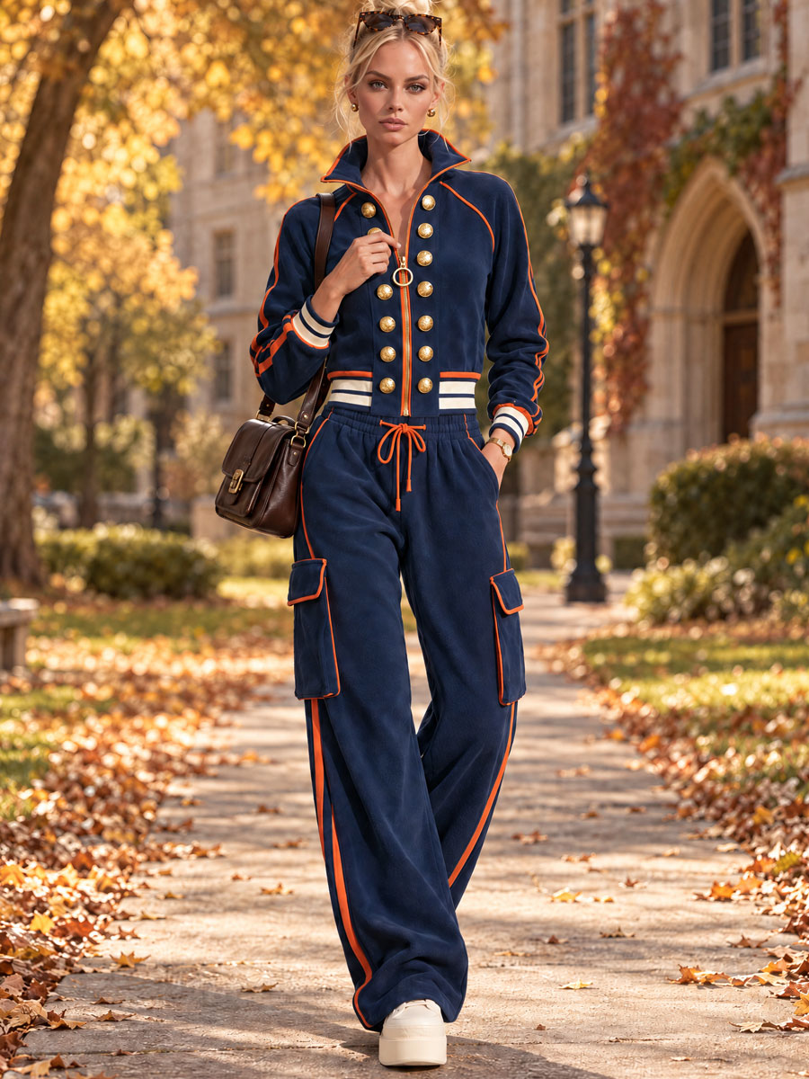 Sporty Retro Double-breasted Decorative Button-down Blue Jacket And Trousers Set