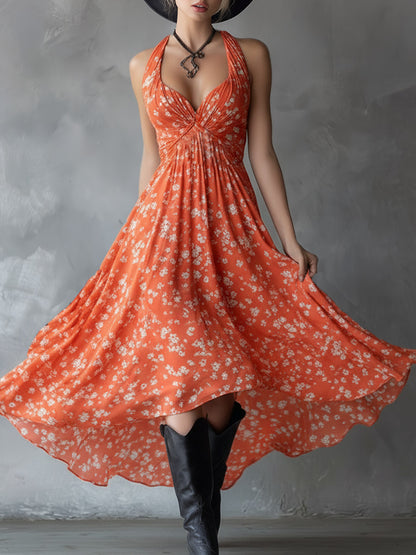 Retro Classic Floral Print Navy Blue Chiffon Sleeveless Maxi Dress