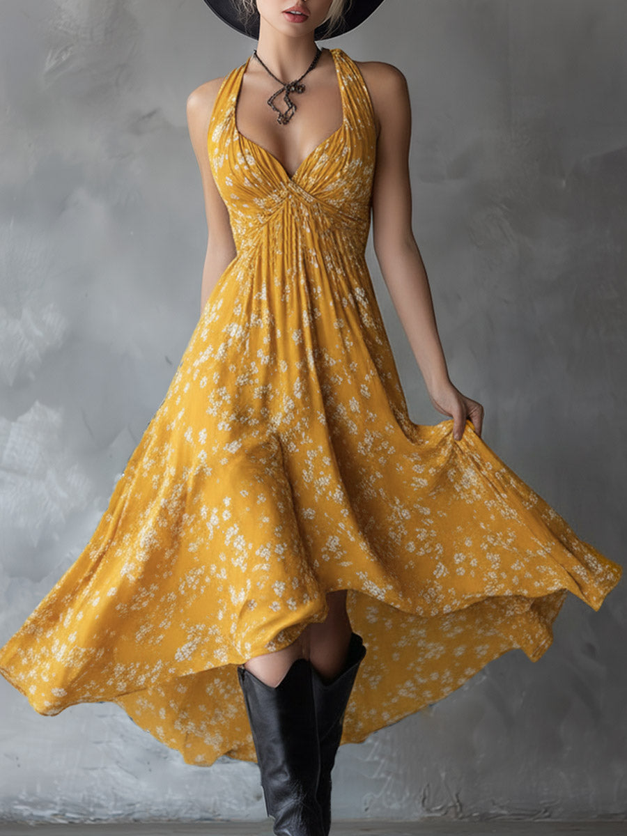 Retro Classic Floral Print Navy Blue Chiffon Sleeveless Maxi Dress