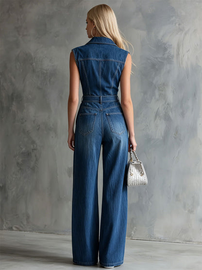 Retro Blue Collared Button Sleeveless Washed Denim Jumpsuit