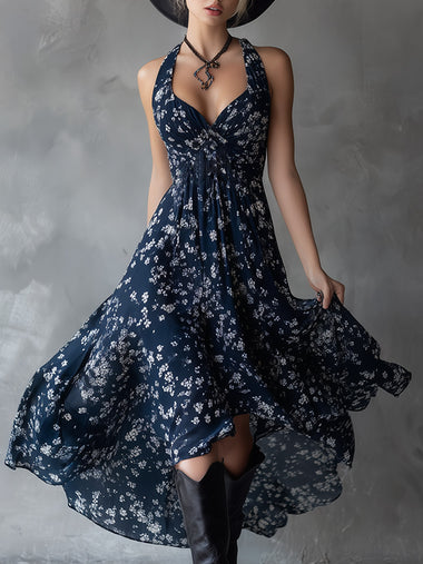 Retro Classic Floral Print Navy Blue Chiffon Sleeveless Maxi Dress