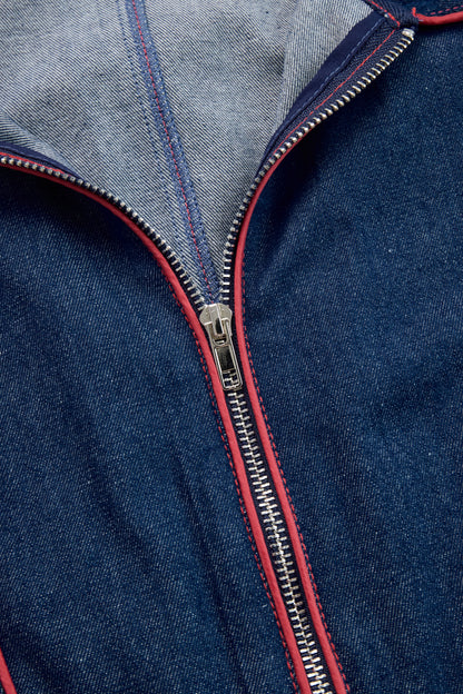 Casual Loose Retro Red Topstitched Denim Wide Leg Long Sleeve Jumpsuit