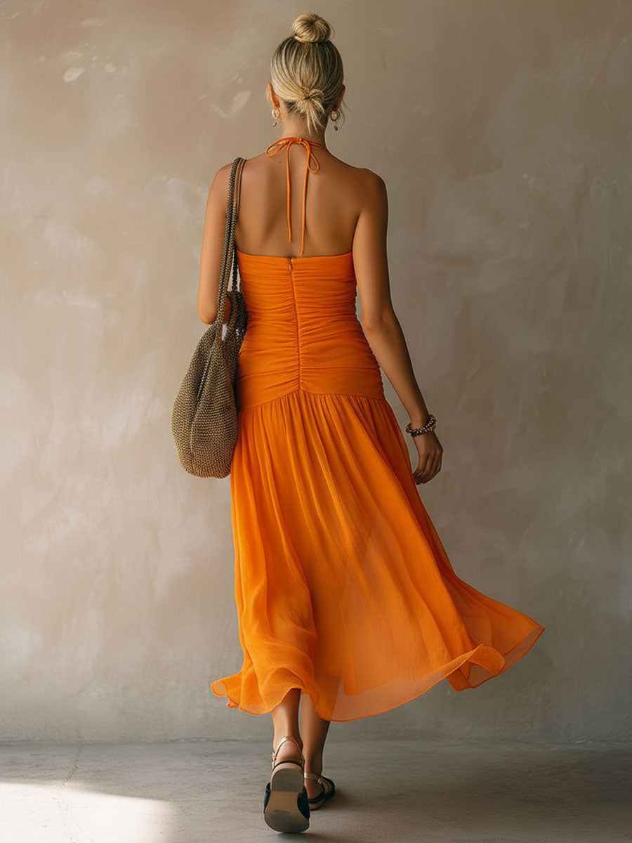 Retro-elegant Orange Halter Neck Sleeveless Pleated Chiffon Midi Dress