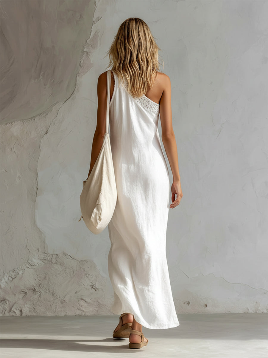 Elegant Slanted Neckline Lace Trim White Cotton And Linen Sleeveless Maxi Dress