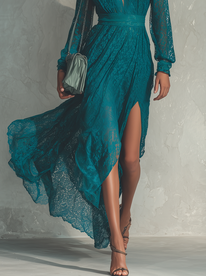 Retro Sexy V-neck Side Slit Lace Midi Dress