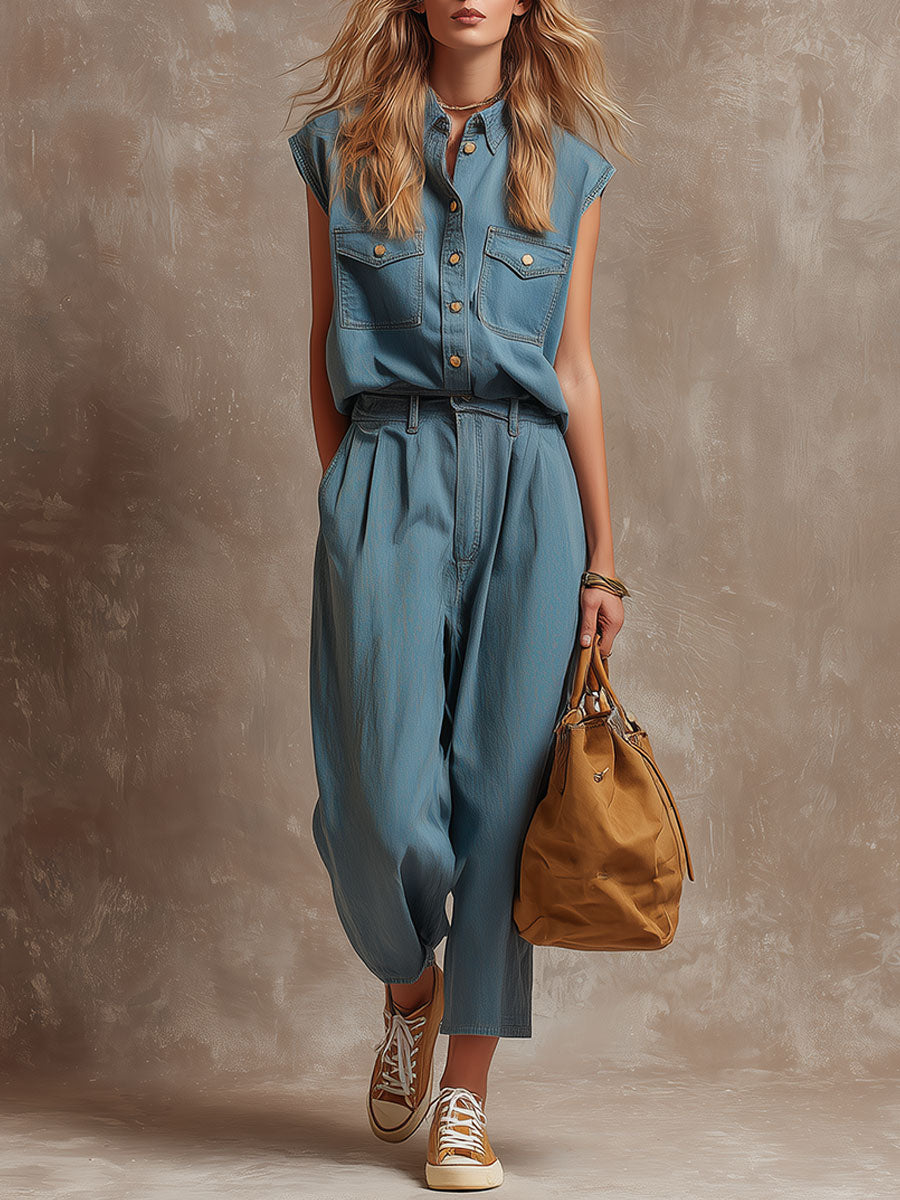 Stylish Retro Blue Sleeveless Button-down Washed Denim Top And Pants Set