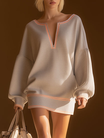 Casual Sporty Grey V-neck Sweatshirt-style Mini Dress
