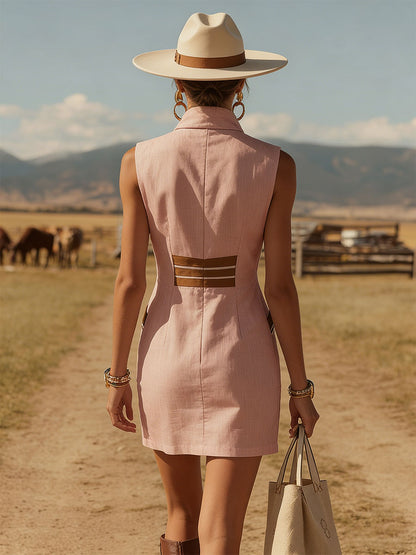 Casual Retro Style Brown Trim Pink Cotton Linen Half-zip Mini Dress