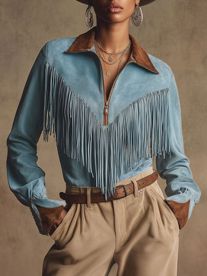 Western Retro Brown And Blue Faux Suede Tassel Long-Sleeved Shirt