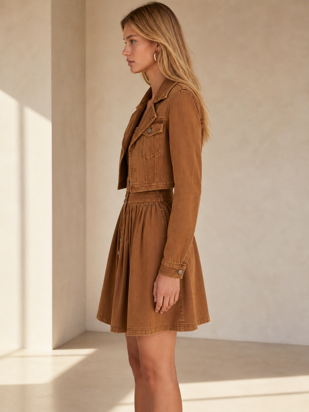 Women’s Brown Faux Two-Piece Denim Dress Button Front Western Mini