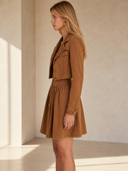 Women’s Brown Faux Two-Piece Denim Dress Button Front Western Mini