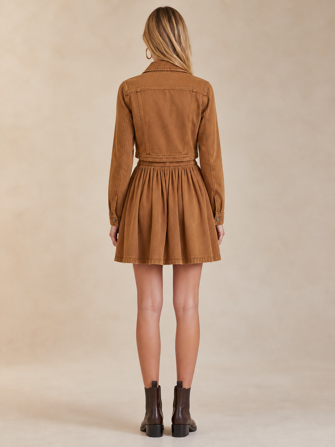 Women’s Brown Faux Two-Piece Denim Dress Button Front Western Mini