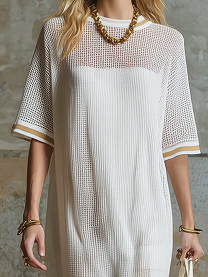 Casual Sporty Striped-trim White Mesh Split-hem Short-sleeved Midi Dress