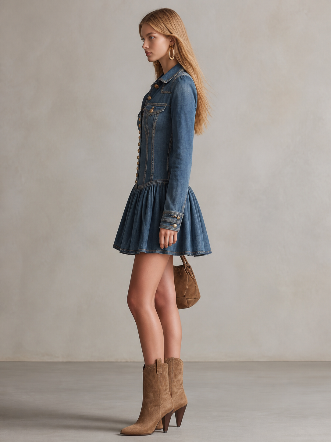 Women’s Western Denim Mini Dress With Pleated Hem