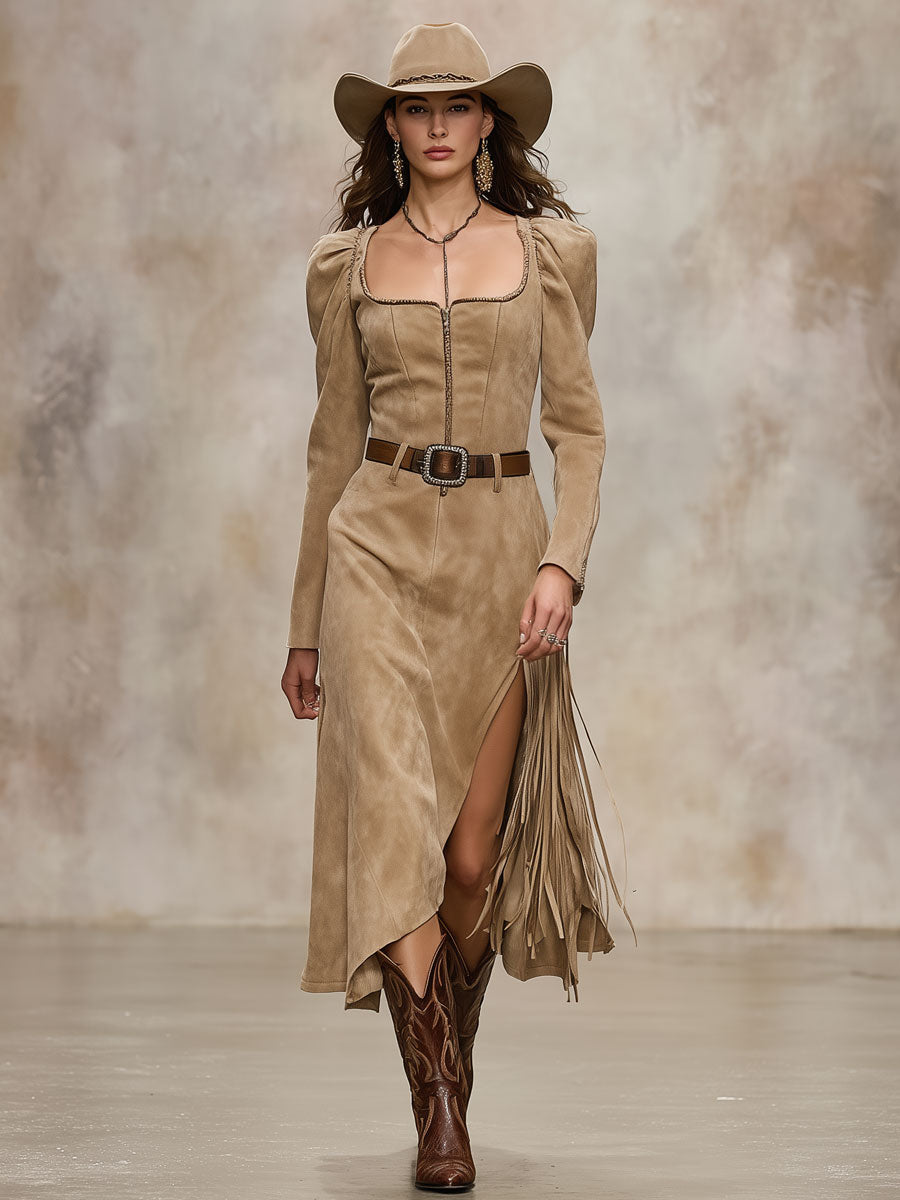 Western-style Retro Square Neck Zipper Apricot Faux Suede Tassel Midi Dress