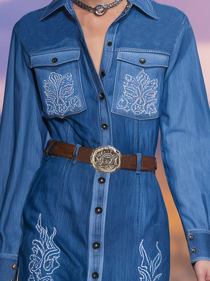 Western Blue Cowboy Embroidered Button-Down Shirt Mini Dress